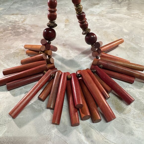 Vintage Handcrafted Tribal-Inspired exotic Wooden Beaded Necklace Hook Clasp - Picture 6 of 7